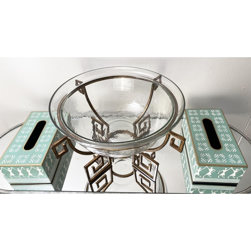 382 - CENTRE BOWL, on a gilt metal Greek key base, together with two tissue boxes, bowl 25cm H x 46cm W (3... 