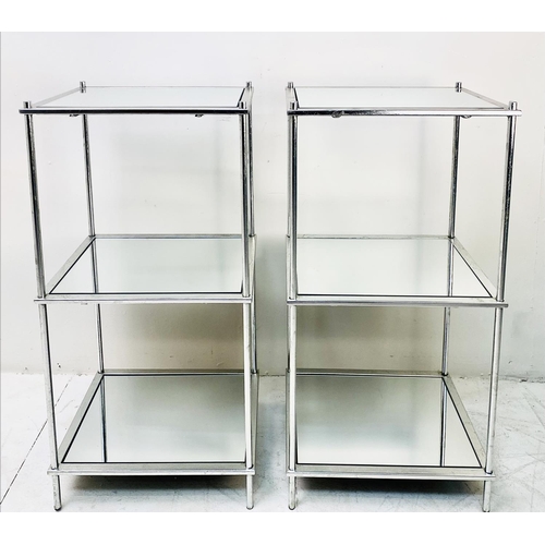 386 - ETAGERES, a pair, silvered frames with three mirrored shelves. (2)