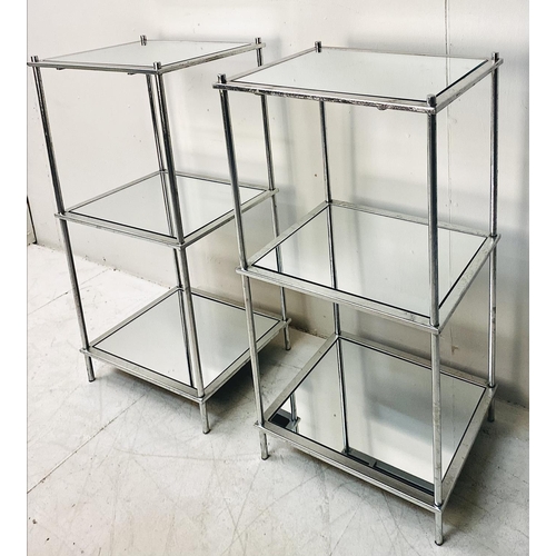 386 - ETAGERES, a pair, silvered frames with three mirrored shelves. (2)