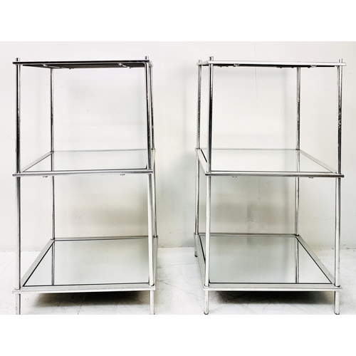 386 - ETAGERES, a pair, silvered frames with three mirrored shelves. (2)