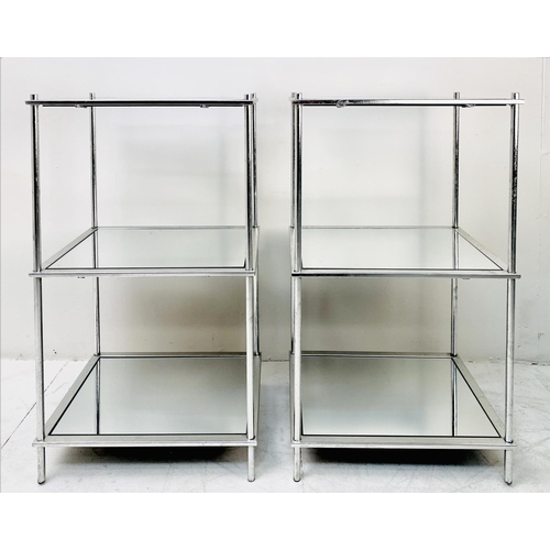 386 - ETAGERES, a pair, silvered frames with three mirrored shelves. (2)