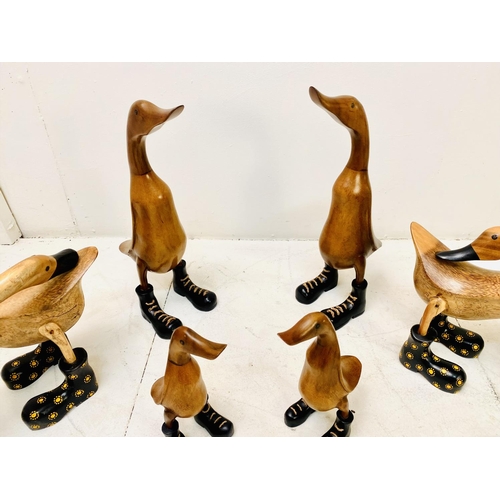 389 - WOODEN DUCKS, a collection, various poses, wearing boots. (6 individual pieces/8 ducks) Largest 44cm... 