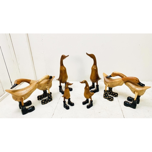 389 - WOODEN DUCKS, a collection, various poses, wearing boots. (6 individual pieces/8 ducks) Largest 44cm... 