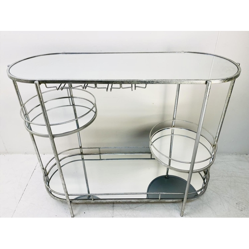 390 - BAR TABLE, Art Deco style silvered metal with mirrored shelves, 86cm H x 106cm x 41cm.