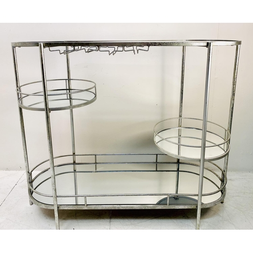 390 - BAR TABLE, Art Deco style silvered metal with mirrored shelves, 86cm H x 106cm x 41cm.