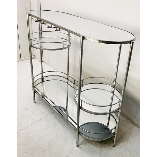 390 - BAR TABLE, Art Deco style silvered metal with mirrored shelves, 86cm H x 106cm x 41cm.