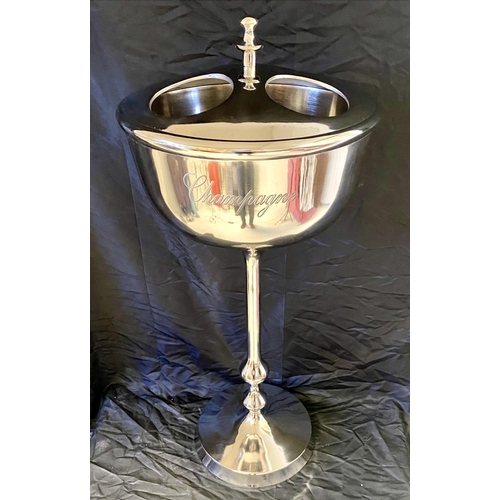 391 - CHAMPAGNE COOLER ON STAND, polished metal, to hold four bottles, 80cm H x 36cm W