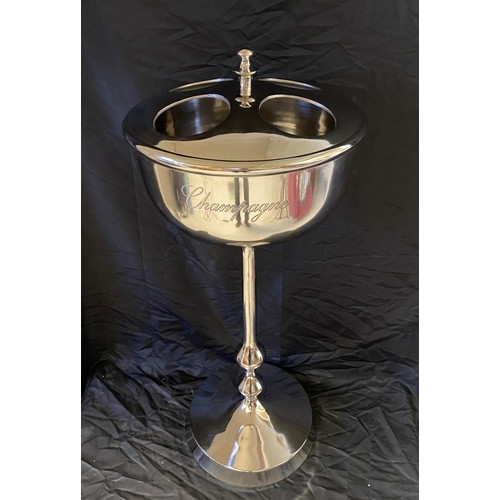 391 - CHAMPAGNE COOLER ON STAND, polished metal, to hold four bottles, 80cm H x 36cm W