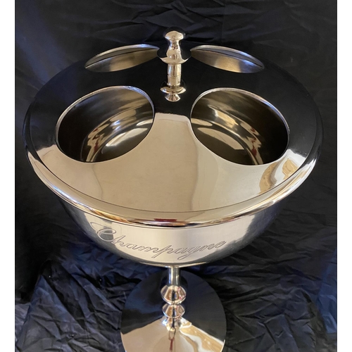 391 - CHAMPAGNE COOLER ON STAND, polished metal, to hold four bottles, 80cm H x 36cm W