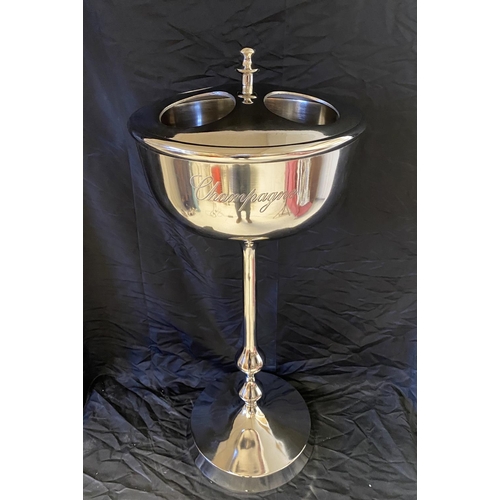 391 - CHAMPAGNE COOLER ON STAND, polished metal, to hold four bottles, 80cm H x 36cm W