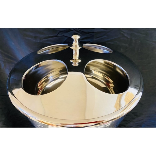 391 - CHAMPAGNE COOLER ON STAND, polished metal, to hold four bottles, 80cm H x 36cm W