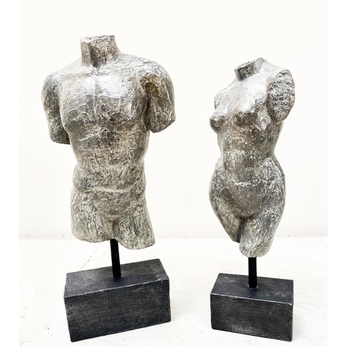 392 - TORSO SCULPTURES, a pair, male and female, 45cm H x 17cm x 8cm. (2)