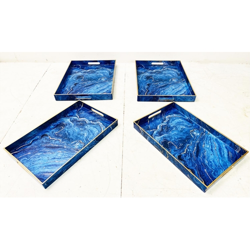 394 - DRINKS TRAYS, a set of four, simulated blue marble, 48cm x 35cm. (4)