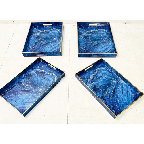 394 - DRINKS TRAYS, a set of four, simulated blue marble, 48cm x 35cm. (4)