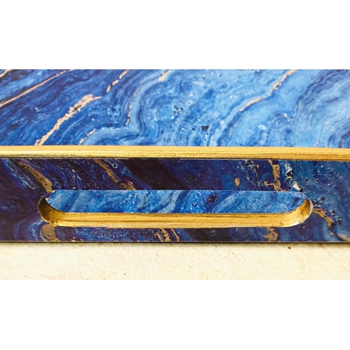 394 - DRINKS TRAYS, a set of four, simulated blue marble, 48cm x 35cm. (4)