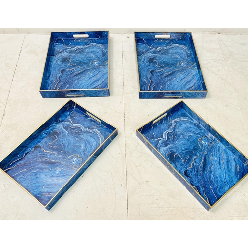 394 - DRINKS TRAYS, a set of four, simulated blue marble, 48cm x 35cm. (4)