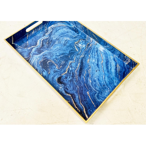 394 - DRINKS TRAYS, a set of four, simulated blue marble, 48cm x 35cm. (4)