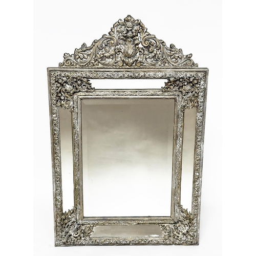 476 - WALL MIRROR, 19th century Dutch repoussé silver and ebony rectangular bevelled with marginal plates ... 