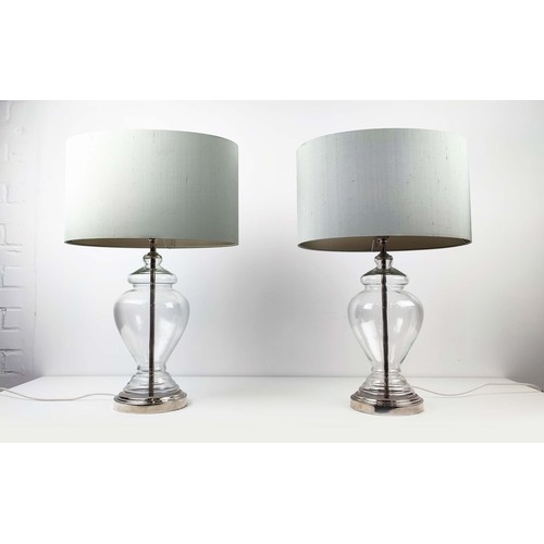 155 - TABLE LAMPS, By Coach House Interiors with shades by Porta Romana, a pair, glass of urn form, 50cm H... 