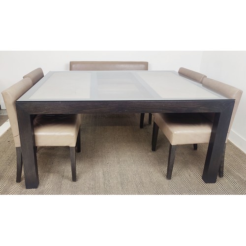 406 - REBECCA SCOTT DINING TABLE, grey ash with a glass top and a bench and four chairs, 126cm W x 166cm L... 