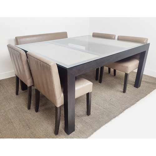 406 - REBECCA SCOTT DINING TABLE, grey ash with a glass top and a bench and four chairs, 126cm W x 166cm L... 