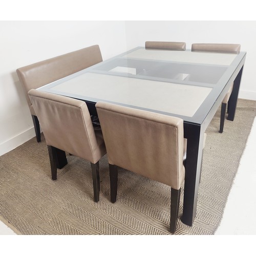 406 - REBECCA SCOTT DINING TABLE, grey ash with a glass top and a bench and four chairs, 126cm W x 166cm L... 