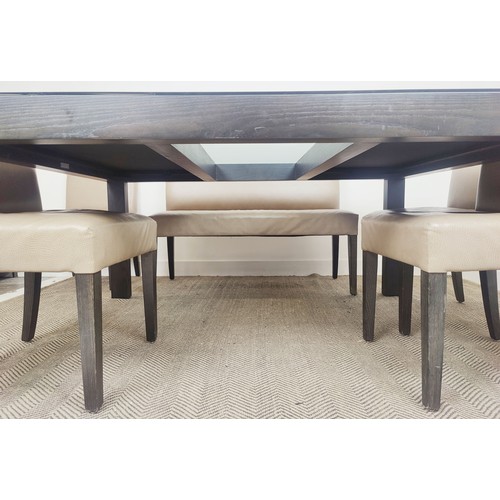 406 - REBECCA SCOTT DINING TABLE, grey ash with a glass top and a bench and four chairs, 126cm W x 166cm L... 