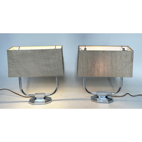 580 - TABLE LAMPS, a pair, 1970s chrome, each with two branch candelabra and rectangular linen shade, 43cm... 