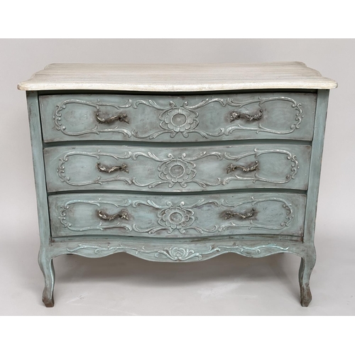 587 - COMMODE, French Louis XV style with three long carved serpentine drawers and shaped supports, 122cm ... 