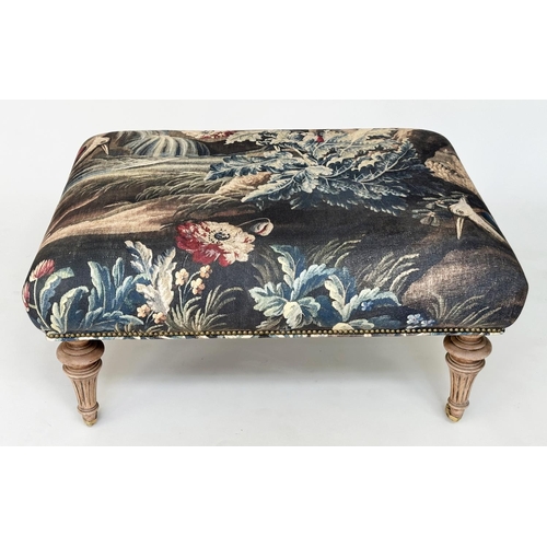 588 - HEARTH STOOL, rectangular with French style tapestry print upholstery and fluted tapering supports t... 