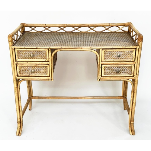 589 - ANGRAVES DESK, rattan, wicker panelled and cane bound with two frieze drawers kneehole and gallery b... 