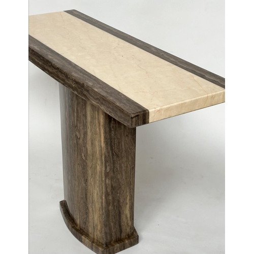 590 - CONSOLE TABLE, Italian travertine and Irish marble rectangular with two colour inset top and plinth,... 