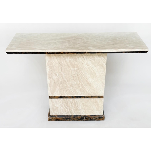 593 - CONSOLE TABLE, Italian travertine marble, rectangular with two tone plinth support, 110cm W x 40cm D... 