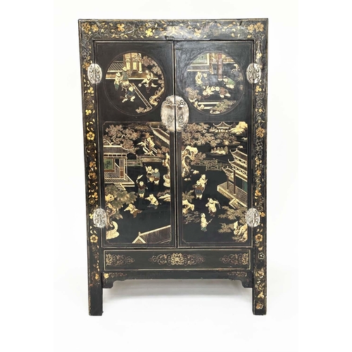 594 - CHINESE MARRIAGE CABINET, 19th century Chinese lacquered and gilt Chinoiserie decorated with silvere... 