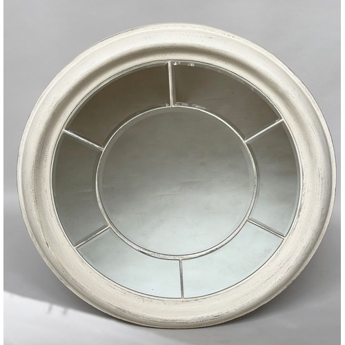 600 - ARCHITECTURAL WALL MIRROR, large circular white, with moulded frame and marginal plates bevelled mir... 