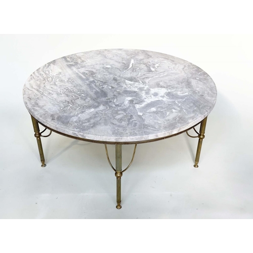 602 - LOW TABLE, circular variegated marble raised upon reeded and beaded gilt metal frame, 90cm x 40cm H.