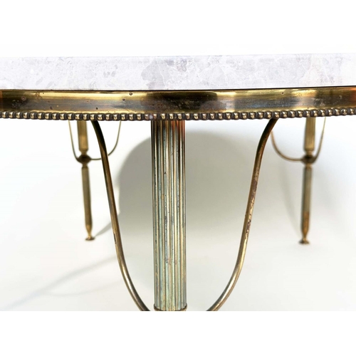 602 - LOW TABLE, circular variegated marble raised upon reeded and beaded gilt metal frame, 90cm x 40cm H.