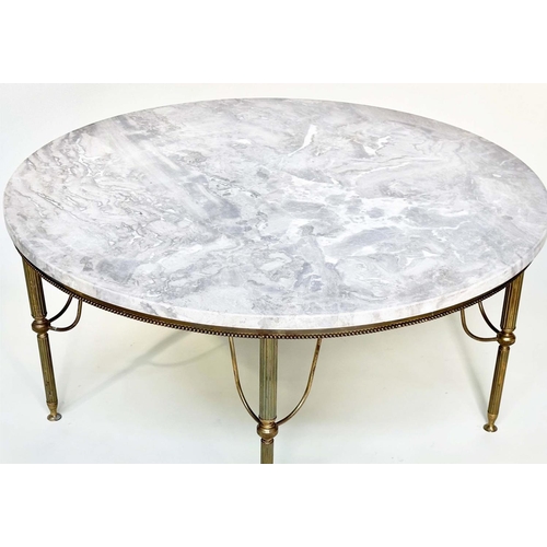 602 - LOW TABLE, circular variegated marble raised upon reeded and beaded gilt metal frame, 90cm x 40cm H.