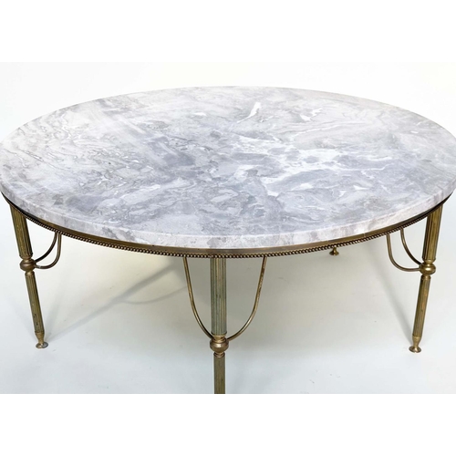 602 - LOW TABLE, circular variegated marble raised upon reeded and beaded gilt metal frame, 90cm x 40cm H.