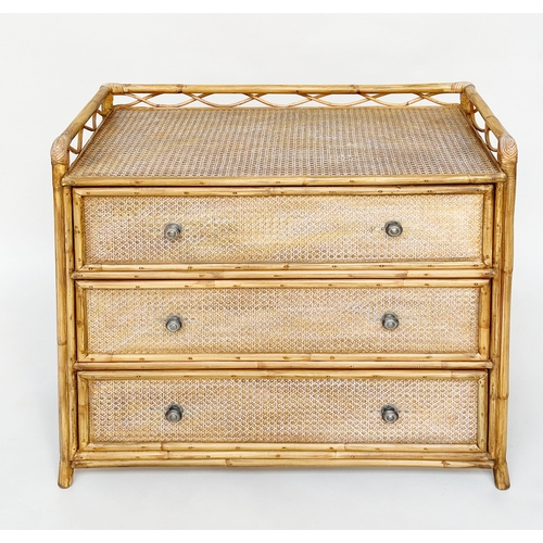 607 - ANGRAVES CHEST, rattan and bamboo framed, wicker panelled and cane bound with three drawers and gall... 