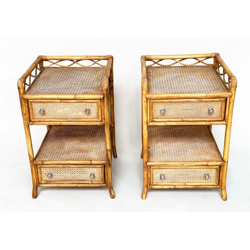 608 - ANGRAVES SIDE TABLES, a pair, rattan framed, wicker panelled and cane bound each with gallery and tw... 