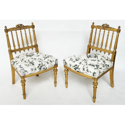 182 - SIDE CHAIRS, a pair, French early 20th century Louis XVI style giltwood with buttoned 'white bower' ... 