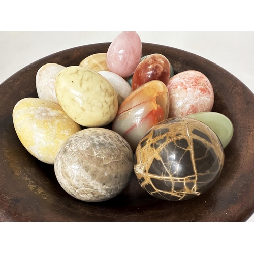 188 - MARBLE EGGS, specimen marbles in a turned wooden bowl, approx 12, largest 7cm H, bowl 28cm D.