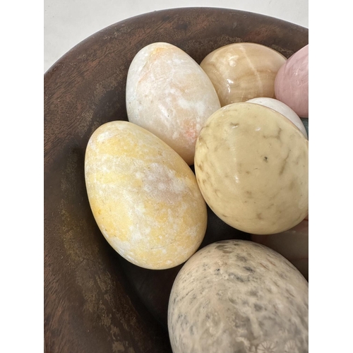 188 - MARBLE EGGS, specimen marbles in a turned wooden bowl, approx 12, largest 7cm H, bowl 28cm D.