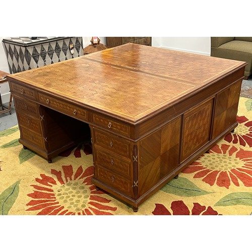 170A - PARTNERS DESK, late 19th/early 20th century French walnut and fine geometric parquetry and satinwood... 