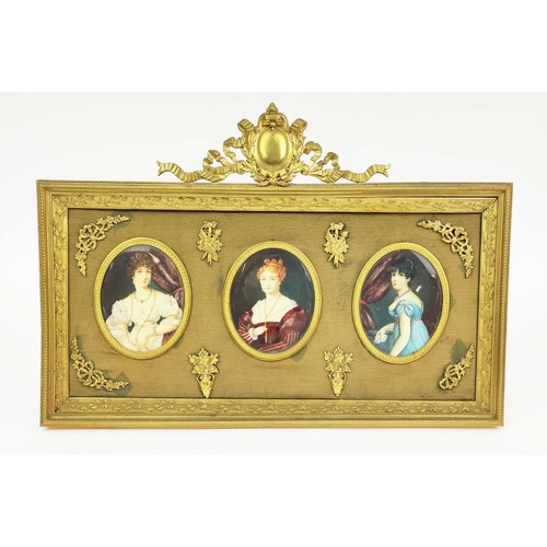 82 - ITALIAN PORTRAIT MINIATURES, a set of three, framed together, signed 'Paisiello', ormalu gilt framed... 