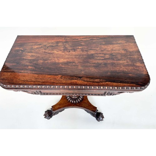 246 - CARD TABLE, William IV rosewood, rounded rectangular baize-lined with carved frieze, reeded column a... 