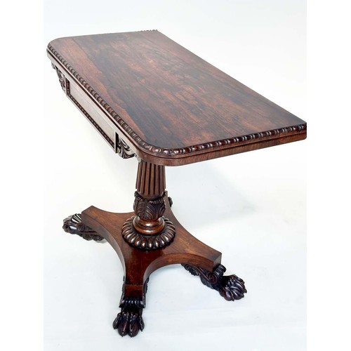 246 - CARD TABLE, William IV rosewood, rounded rectangular baize-lined with carved frieze, reeded column a... 