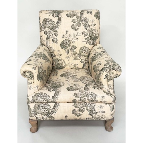 249 - ARMCHAIR, English early 20th century with scrolled back and arms in green toile fabric, 62cm W.