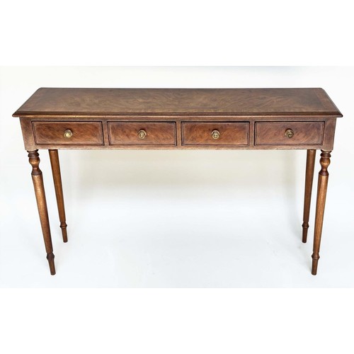 250 - HALL TABLE, George III design burr walnut and crossbanded with four frieze drawers and turned suppor... 